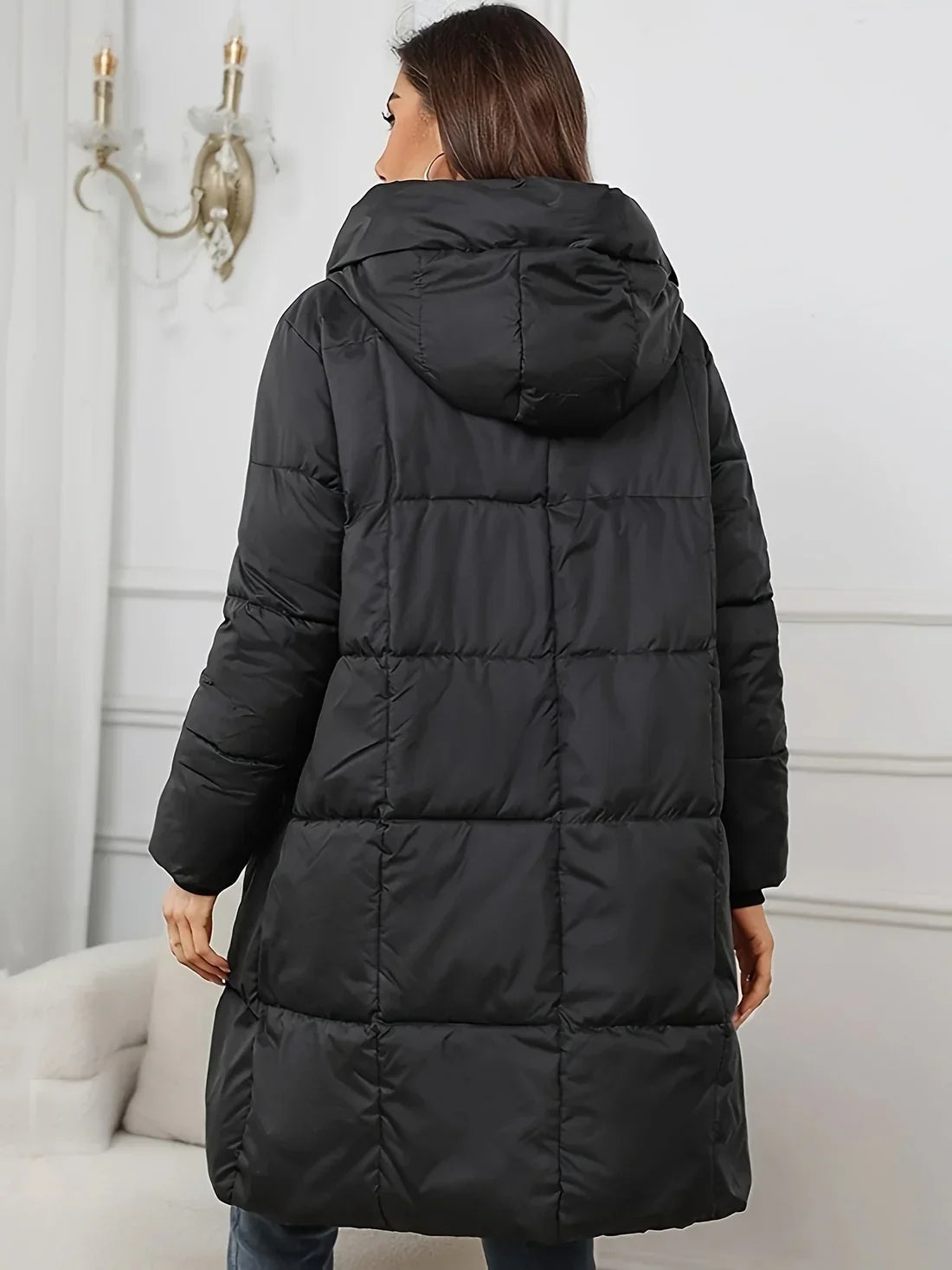 Women's Hooded Long Puffer Coat with Quilted Panels