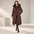 Celestine | Elegant Brown Puffer Coat for Women with Longline Shape & Faux-Fur Hood