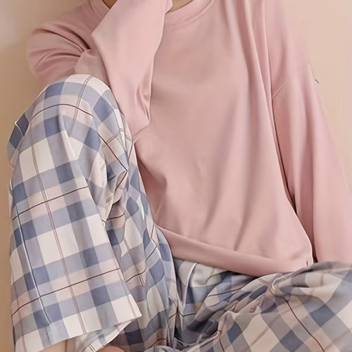Women's long sleeve crew neck top with pastel check pyjama trousers