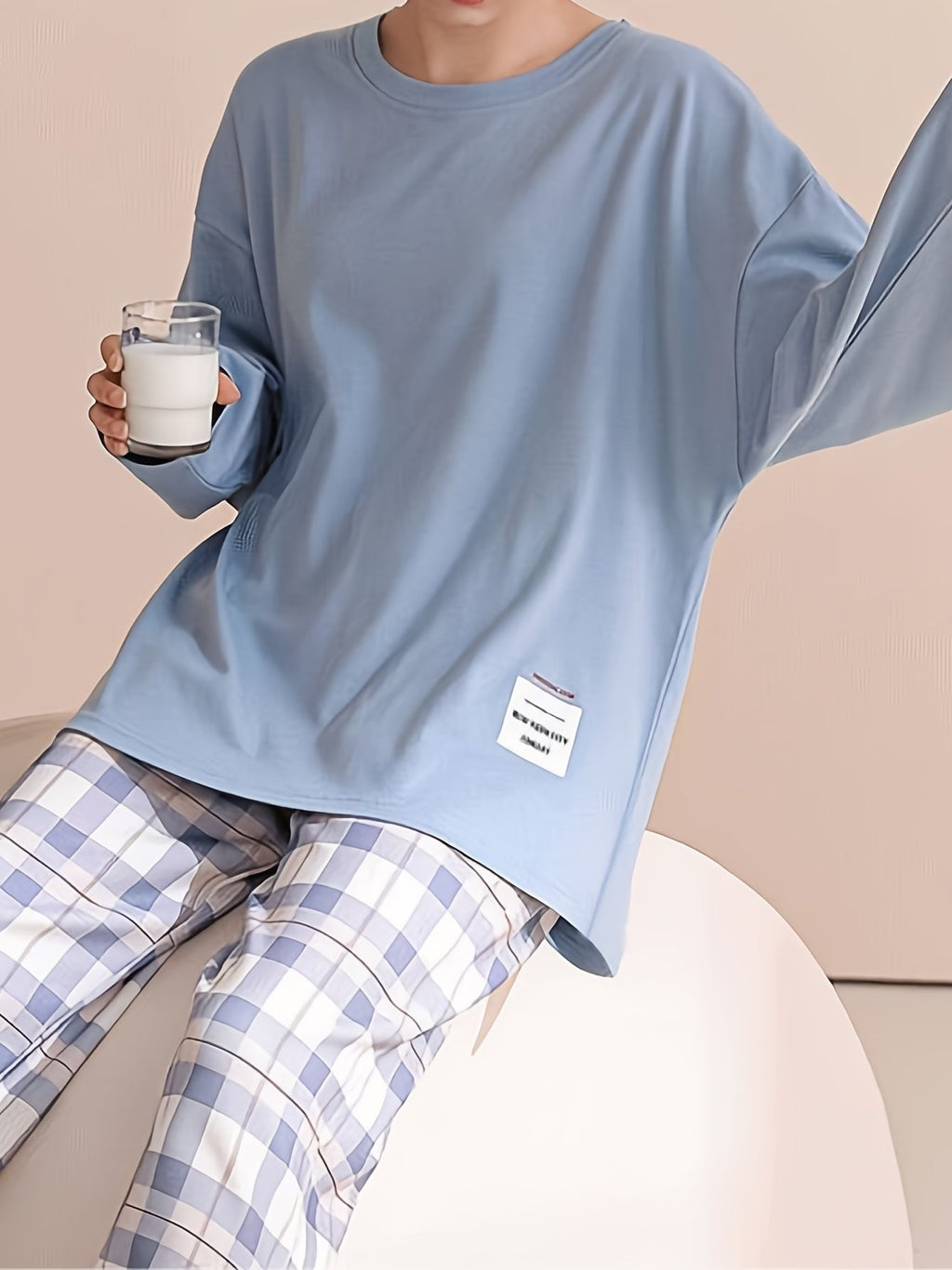 Women's long sleeve crew neck top with pastel check pyjama trousers - view 10