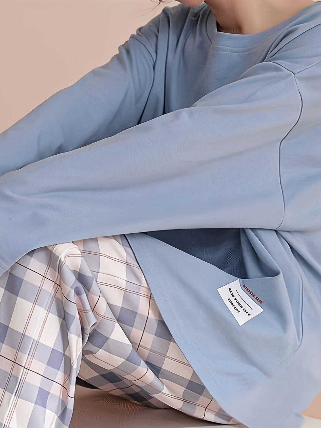 Women's long sleeve crew neck top with pastel check pyjama trousers - view 11