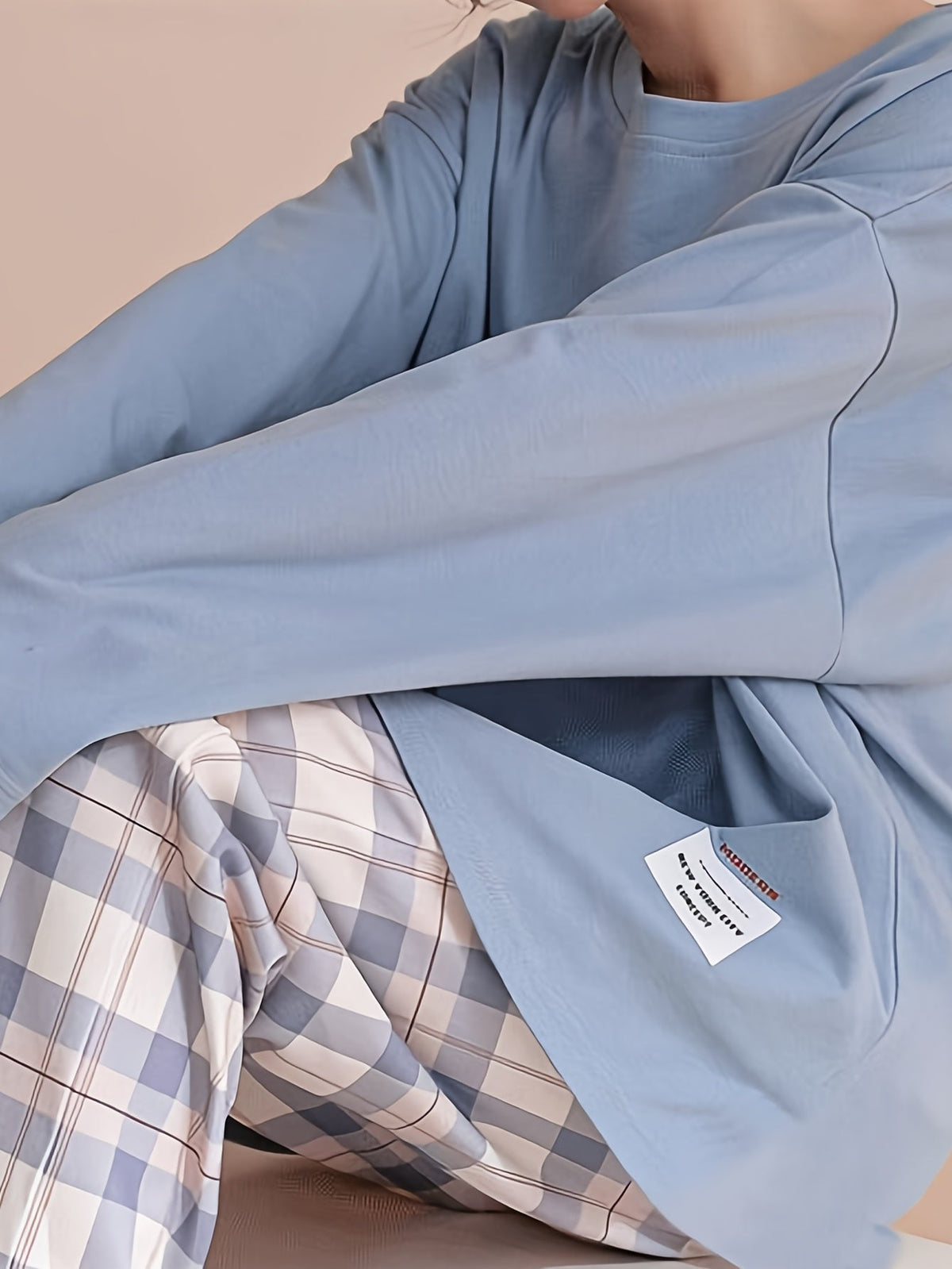 Women's long sleeve crew neck top with pastel check pyjama trousers - view 11