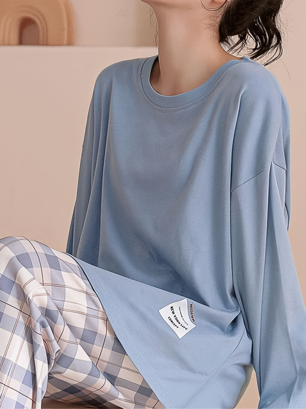 Women's long sleeve crew neck top with pastel check pyjama trousers - view 12