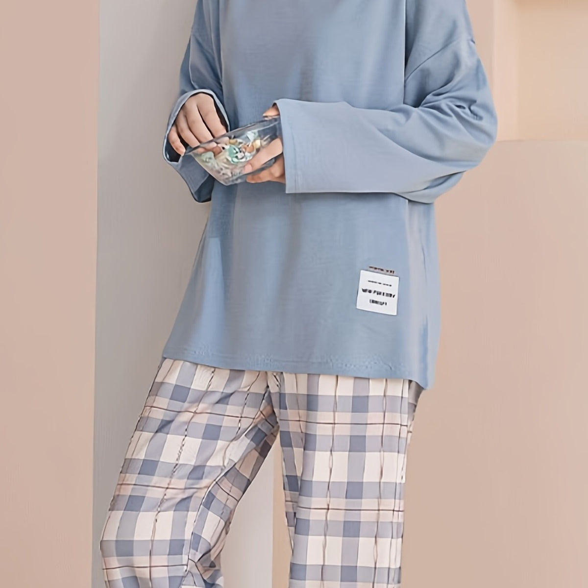 Women's long sleeve crew neck top with pastel check pyjama trousers - view 2