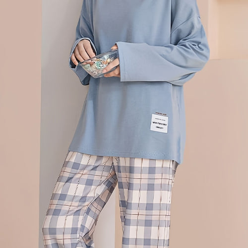 Women's long sleeve crew neck top with pastel check pyjama trousers - view 2