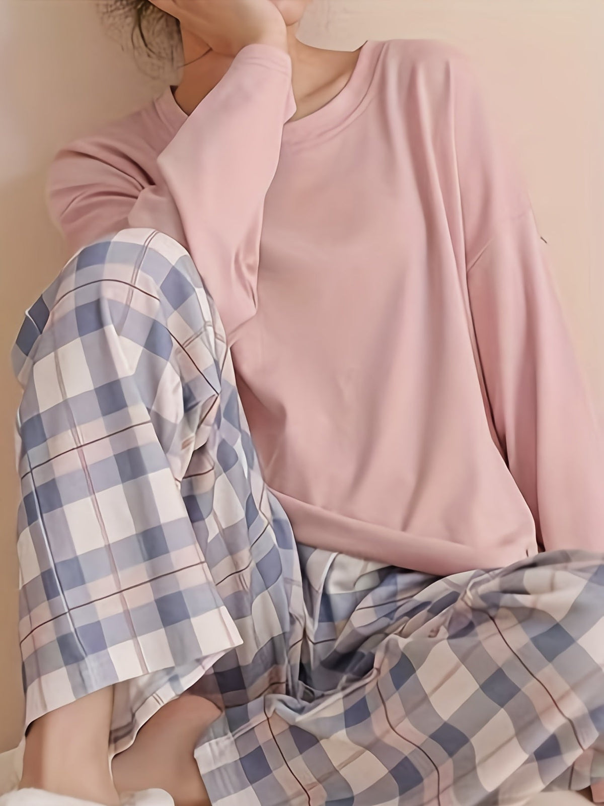 Women's long sleeve crew neck top with pastel check pyjama trousers - view 3