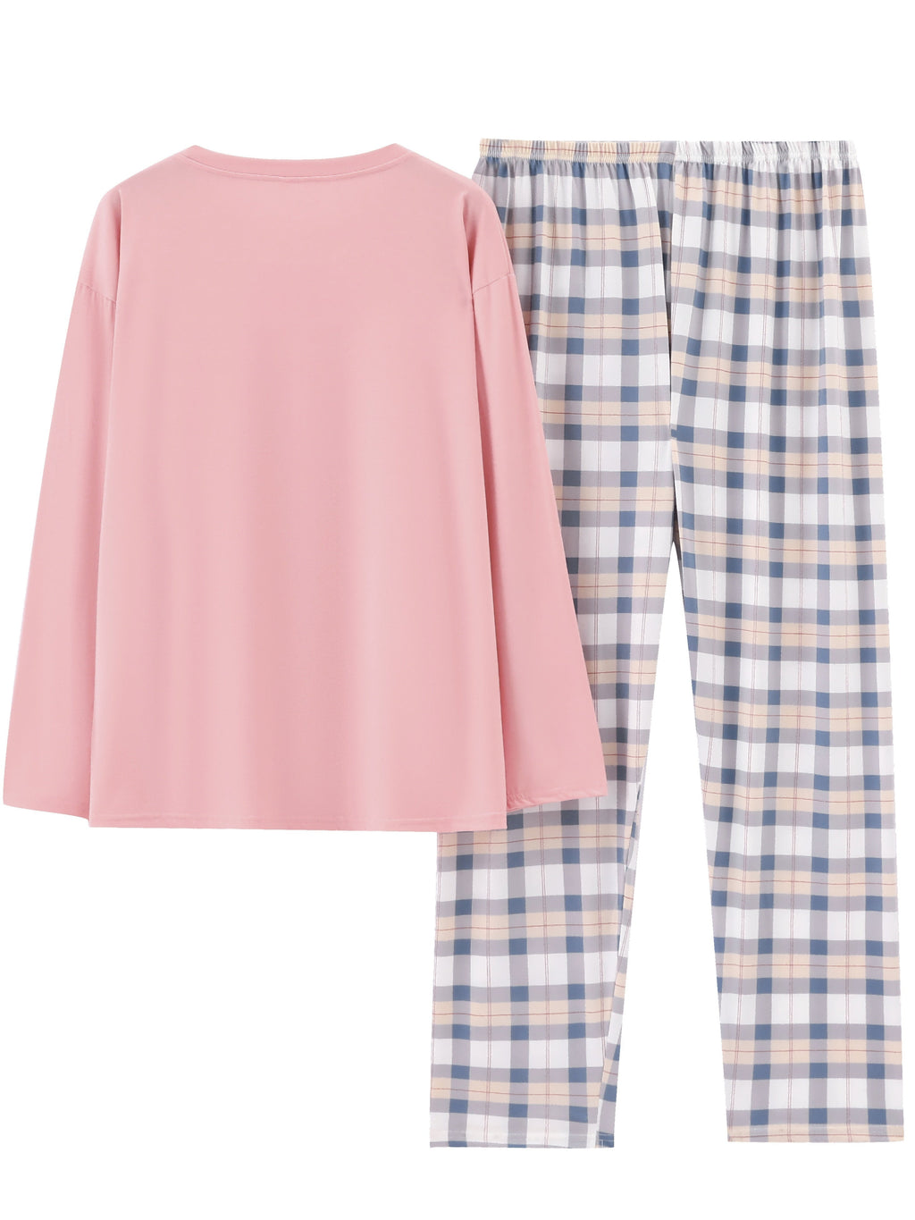 Women's long sleeve crew neck top with pastel check pyjama trousers - view 4