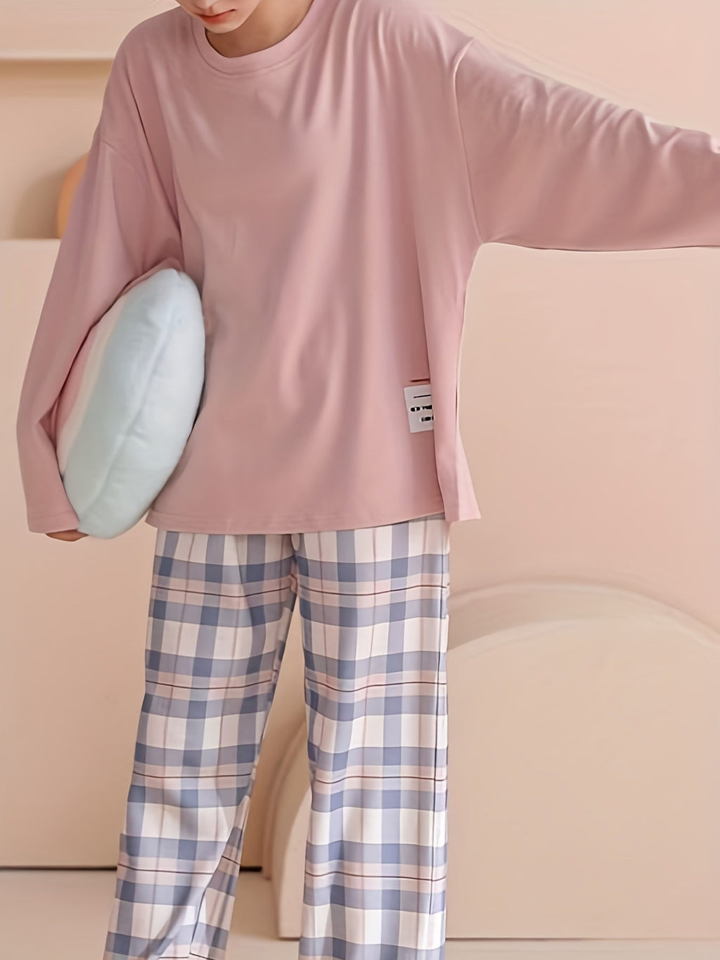 Women's long sleeve crew neck top with pastel check pyjama trousers - view 5