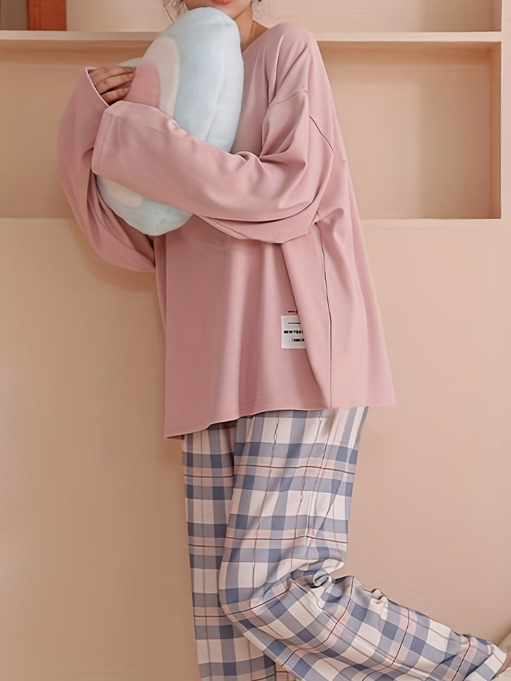 Women's long sleeve crew neck top with pastel check pyjama trousers - view 6