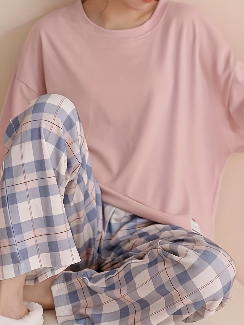 Women's long sleeve crew neck top with pastel check pyjama trousers - view 7