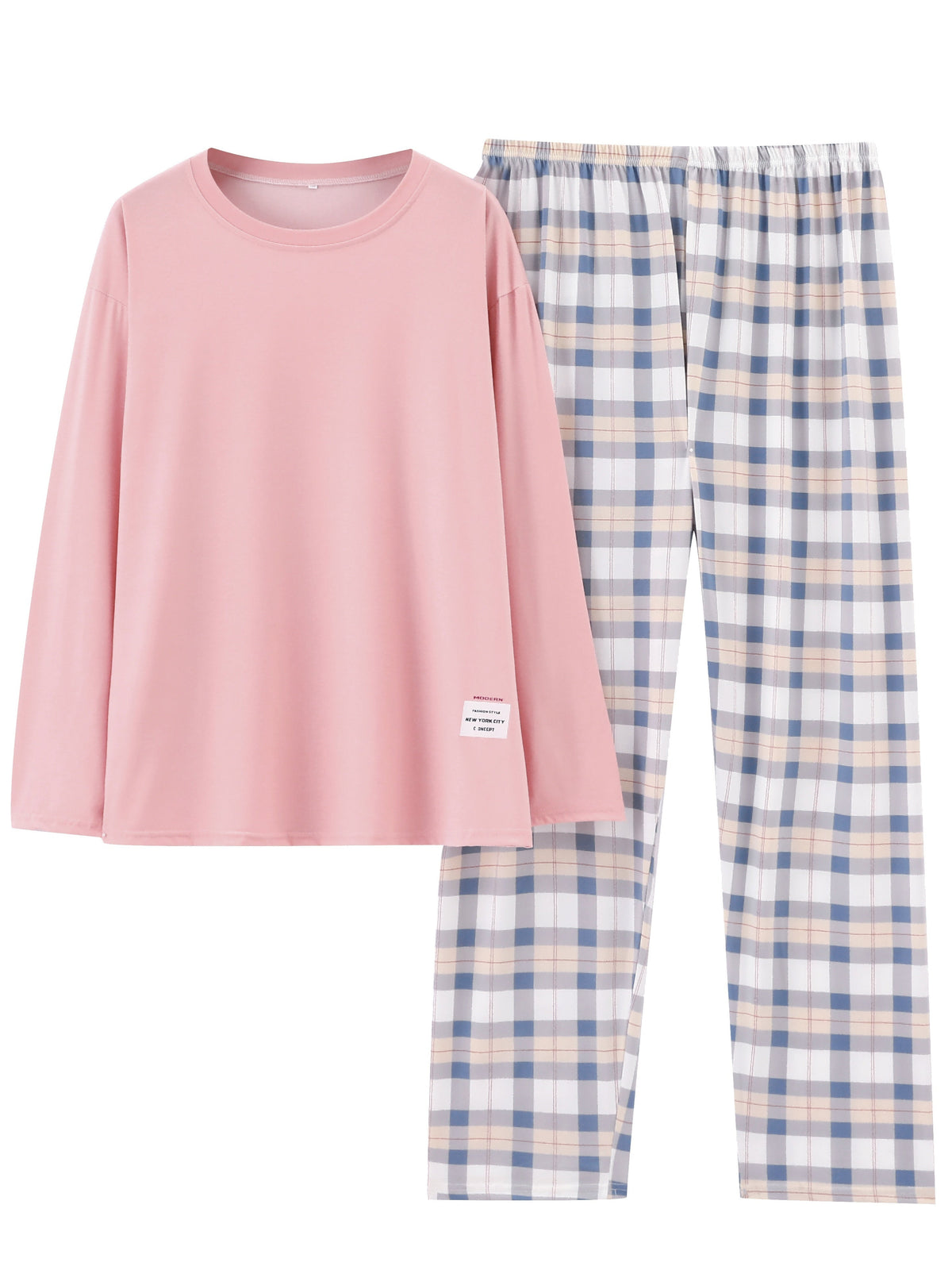 Women's long sleeve crew neck top with pastel check pyjama trousers - view 8