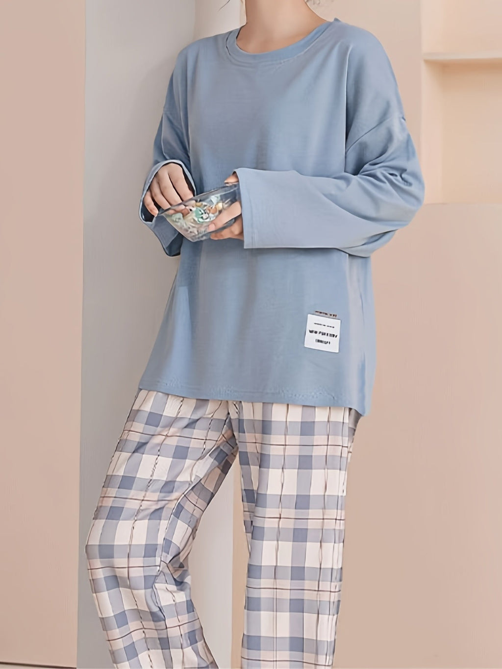 Women's long sleeve crew neck top with pastel check pyjama trousers - view 9