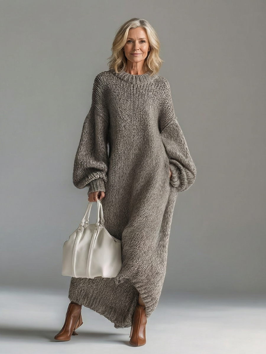 Woman wearing an oversized chunky knit maxi jumper dress with balloon sleeves and ribbed crew neck - view 5