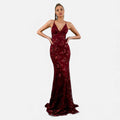 Floral sequin mermaid evening gown with plunging V-neck and lace-up open back