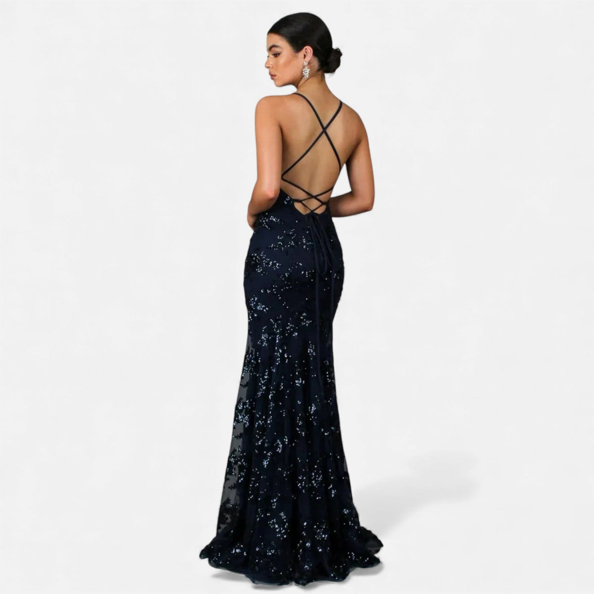 Floral sequin mermaid evening gown with plunging V-neck and lace-up open back - view 4
