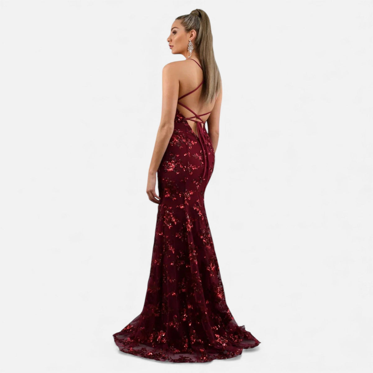 Floral sequin mermaid evening gown with plunging V-neck and lace-up open back - view 5