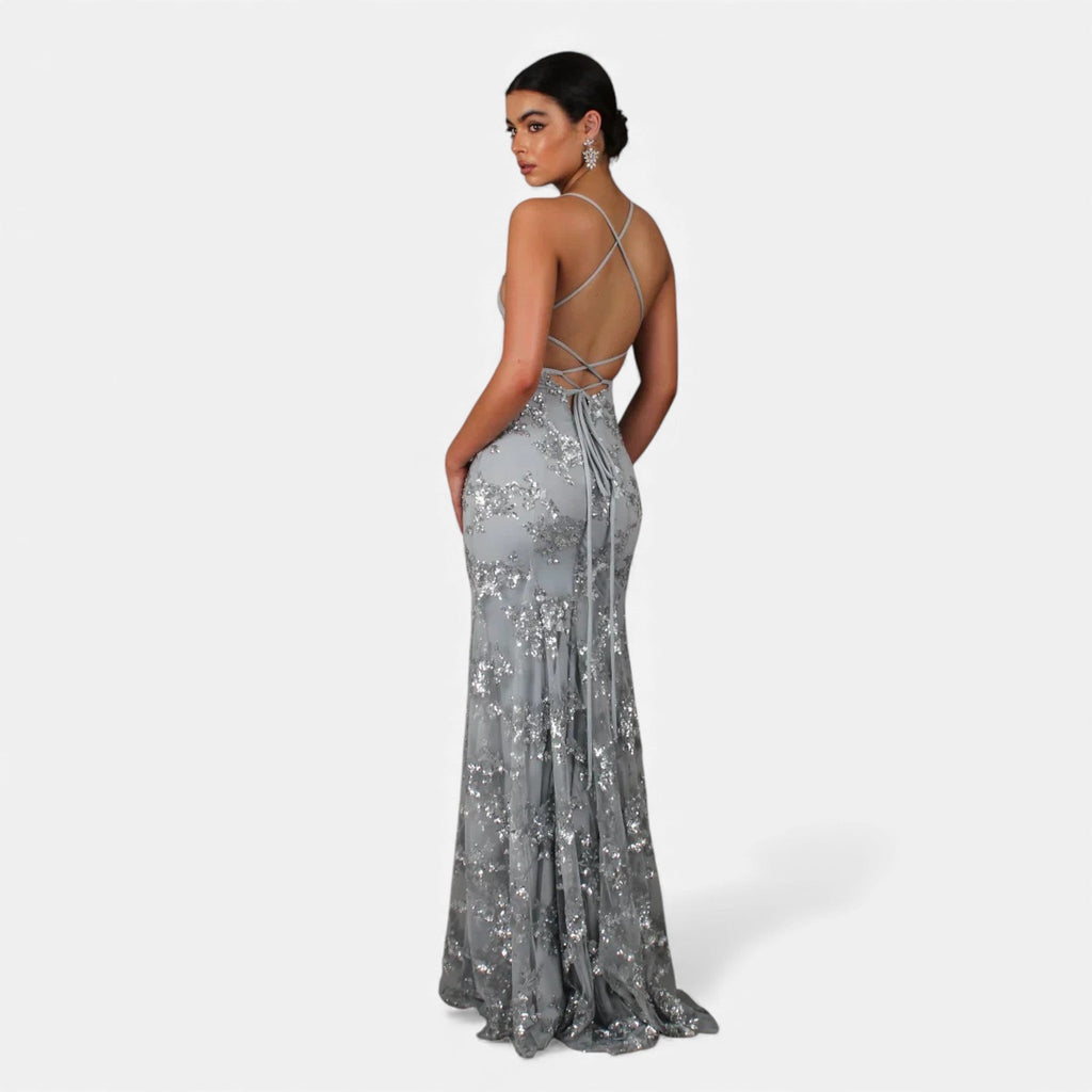 Floral sequin mermaid evening gown with plunging V-neck and lace-up open back - view 6