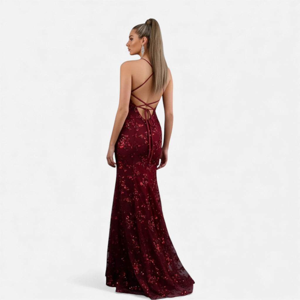 Floral sequin mermaid evening gown with plunging V-neck and lace-up open back - view 7