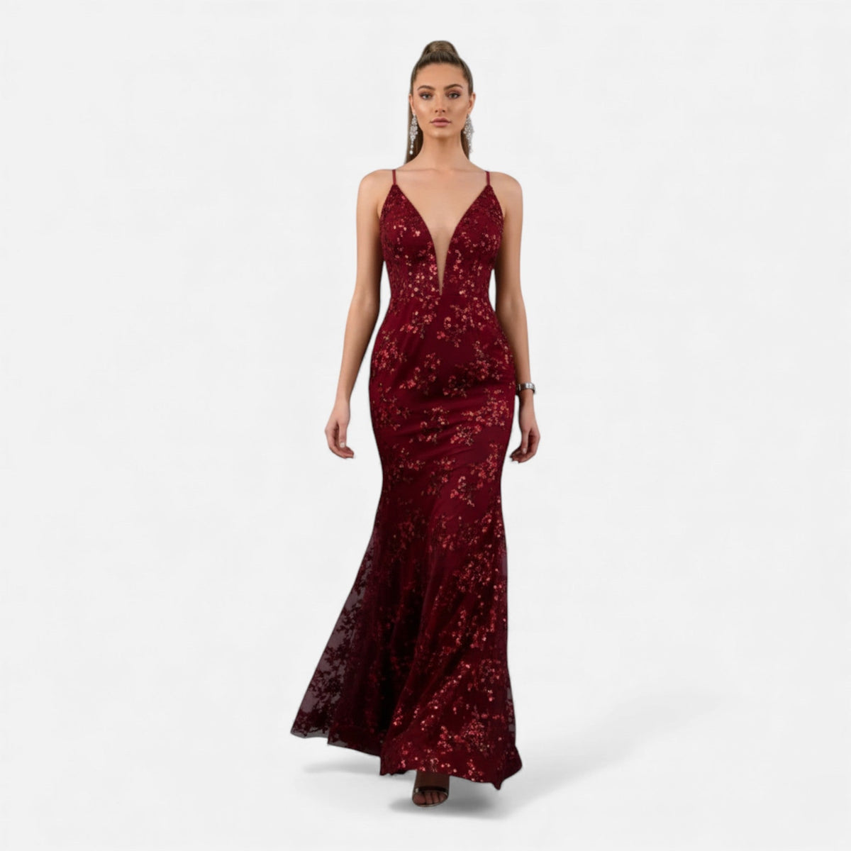 Floral sequin mermaid evening gown with plunging V-neck and lace-up open back - view 8