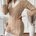 Beige cable knit sweater dress with white ribbed collar, cuffs and hem - view 8