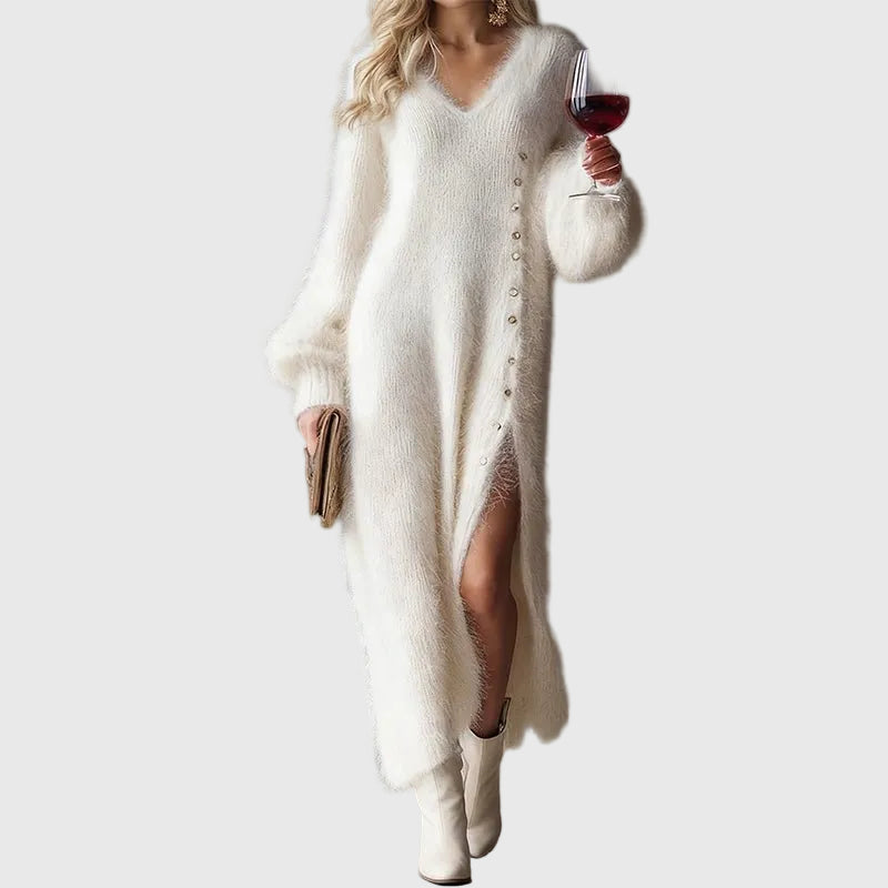 Fluffy knit maxi jumper dress with V-neck, balloon sleeves, side button trim and front split