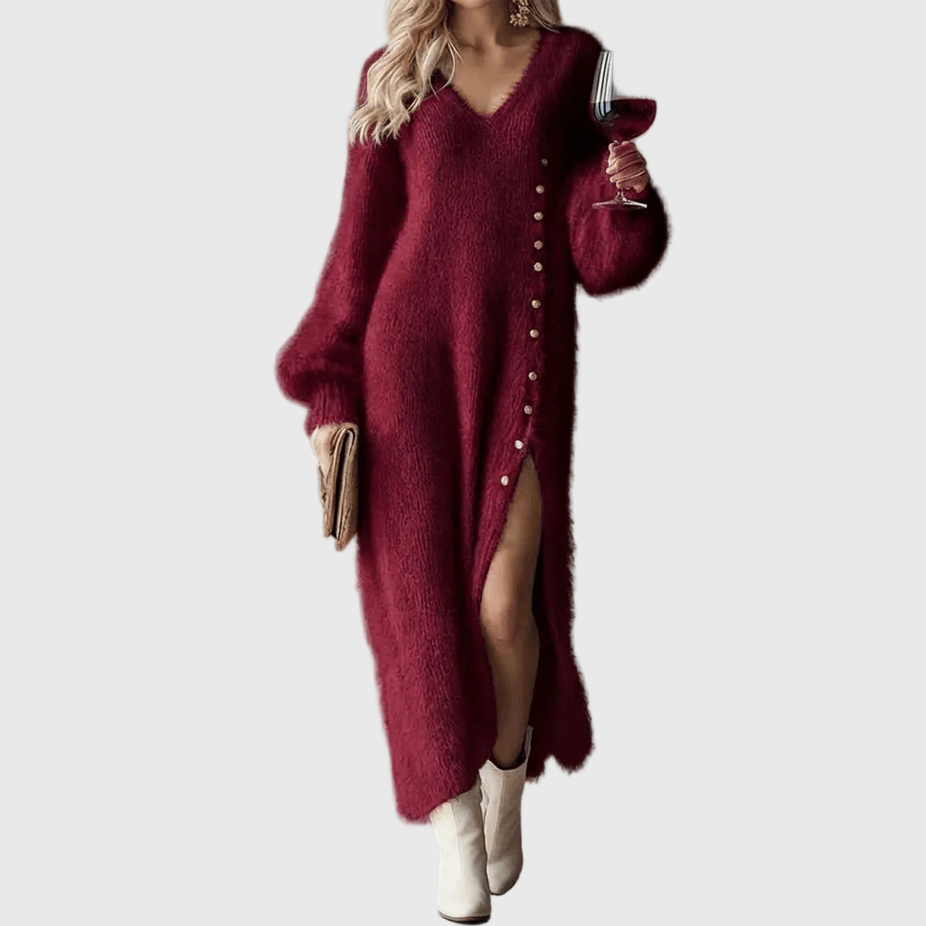 Fluffy knit maxi jumper dress with V-neck, balloon sleeves, side button trim and front split - view 2
