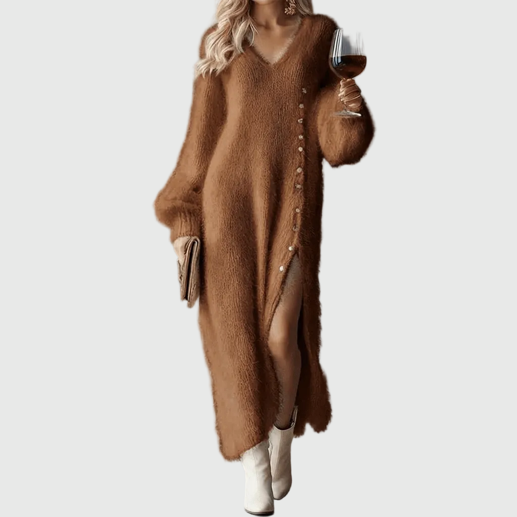 Fluffy knit maxi jumper dress with V-neck, balloon sleeves, side button trim and front split - view 3