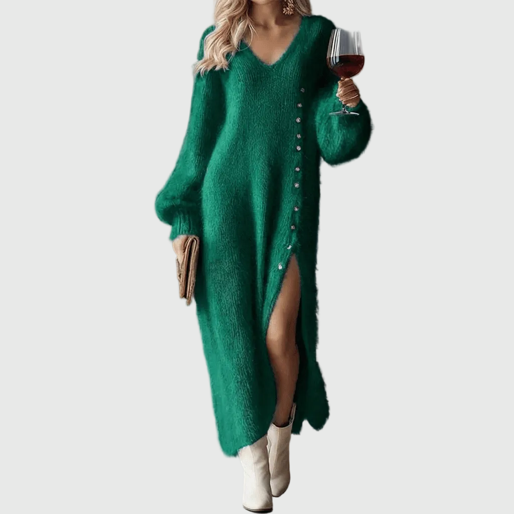Fluffy knit maxi jumper dress with V-neck, balloon sleeves, side button trim and front split - view 4