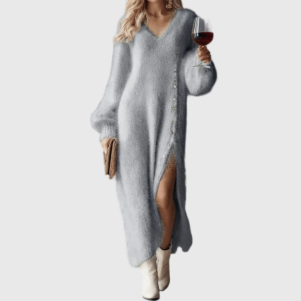 Fluffy knit maxi jumper dress with V-neck, balloon sleeves, side button trim and front split - view 5
