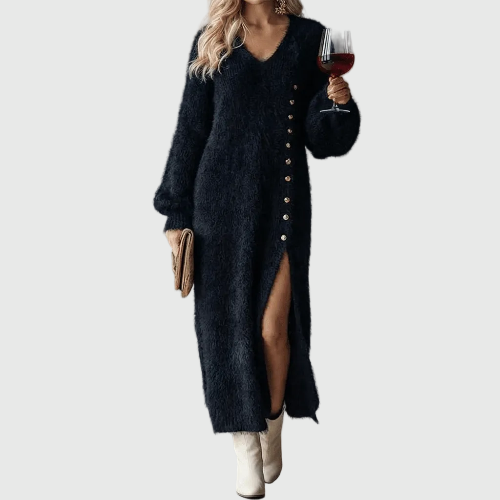 Fluffy knit maxi jumper dress with V-neck, balloon sleeves, side button trim and front split - view 6