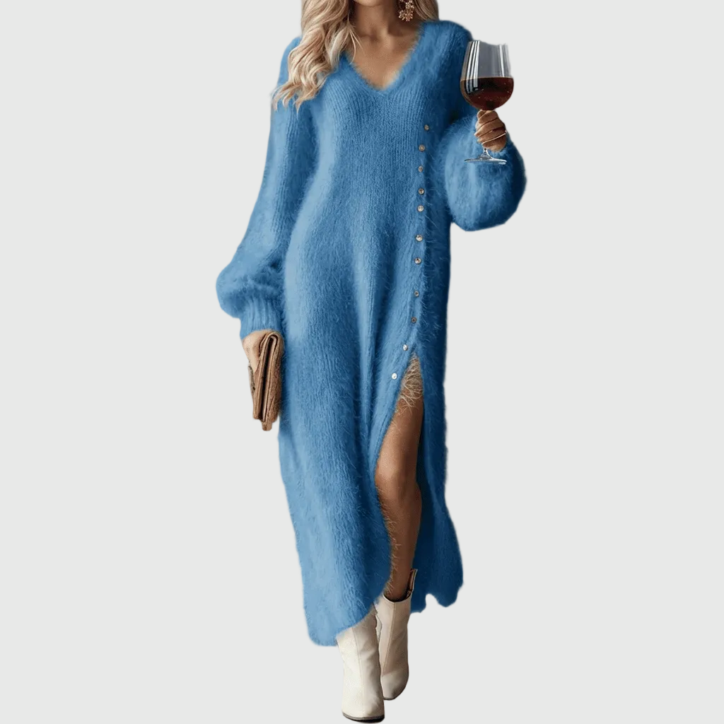 Fluffy knit maxi jumper dress with V-neck, balloon sleeves, side button trim and front split - view 7