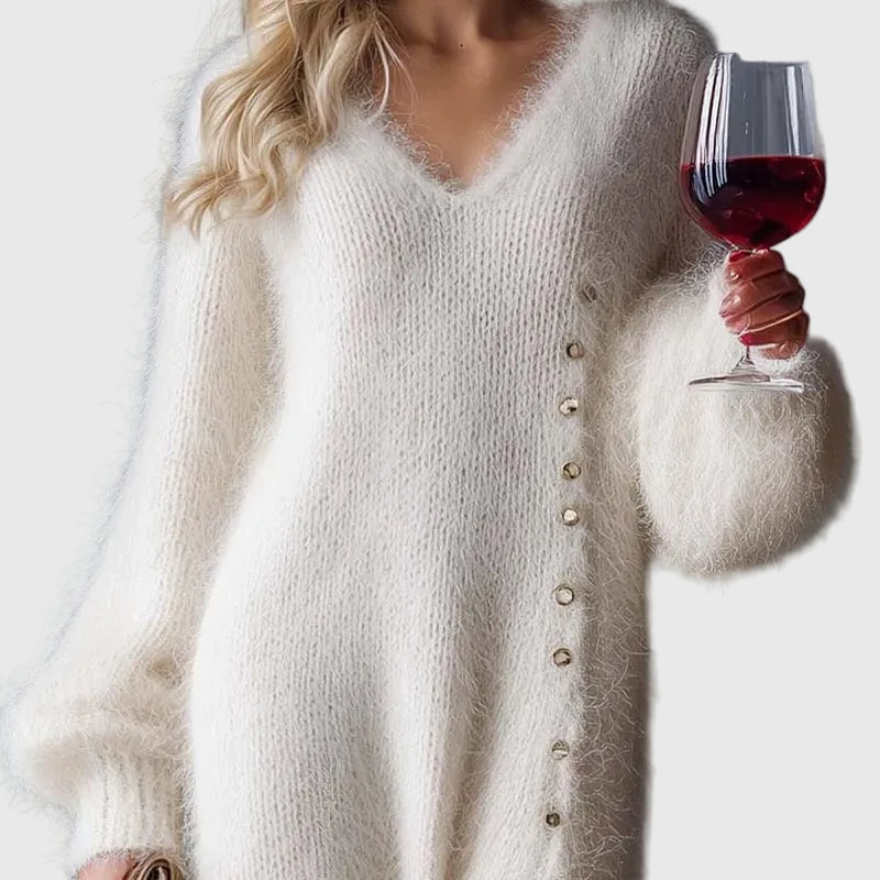 Fluffy knit maxi jumper dress with V-neck, balloon sleeves, side button trim and front split - view 9