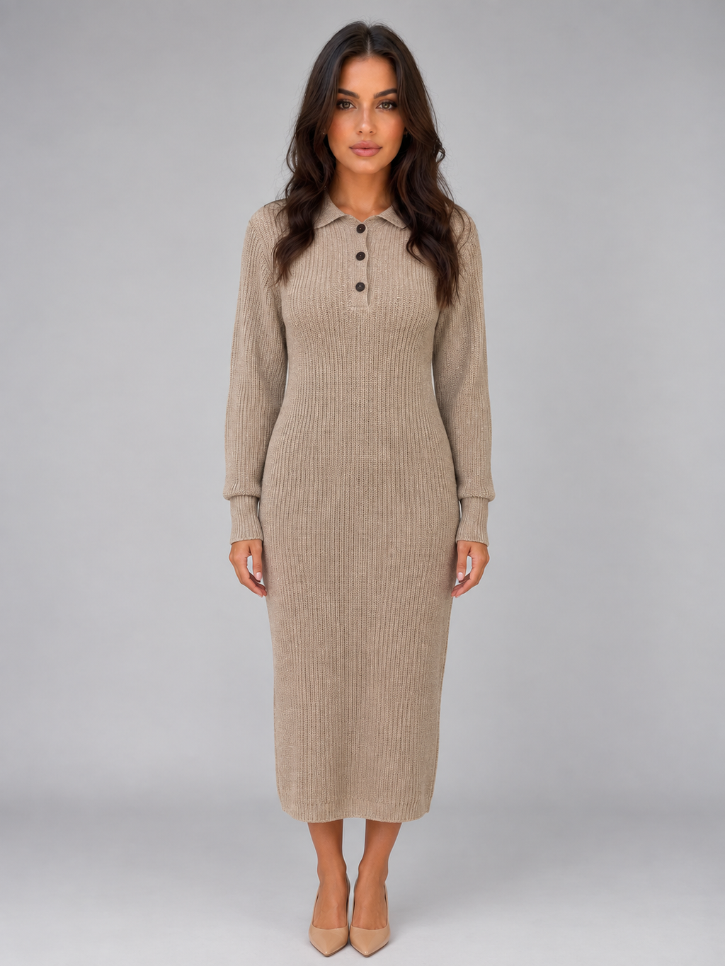 Ribbed knit polo collar midi dress with long sleeves and button placket