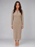 Ribbed knit polo collar midi dress with long sleeves and button placket