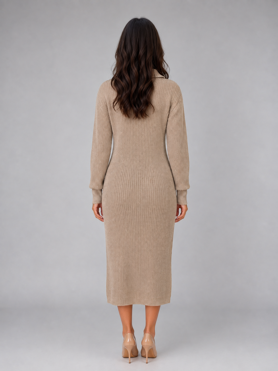 Ribbed knit polo collar midi dress with long sleeves and button placket - view 2