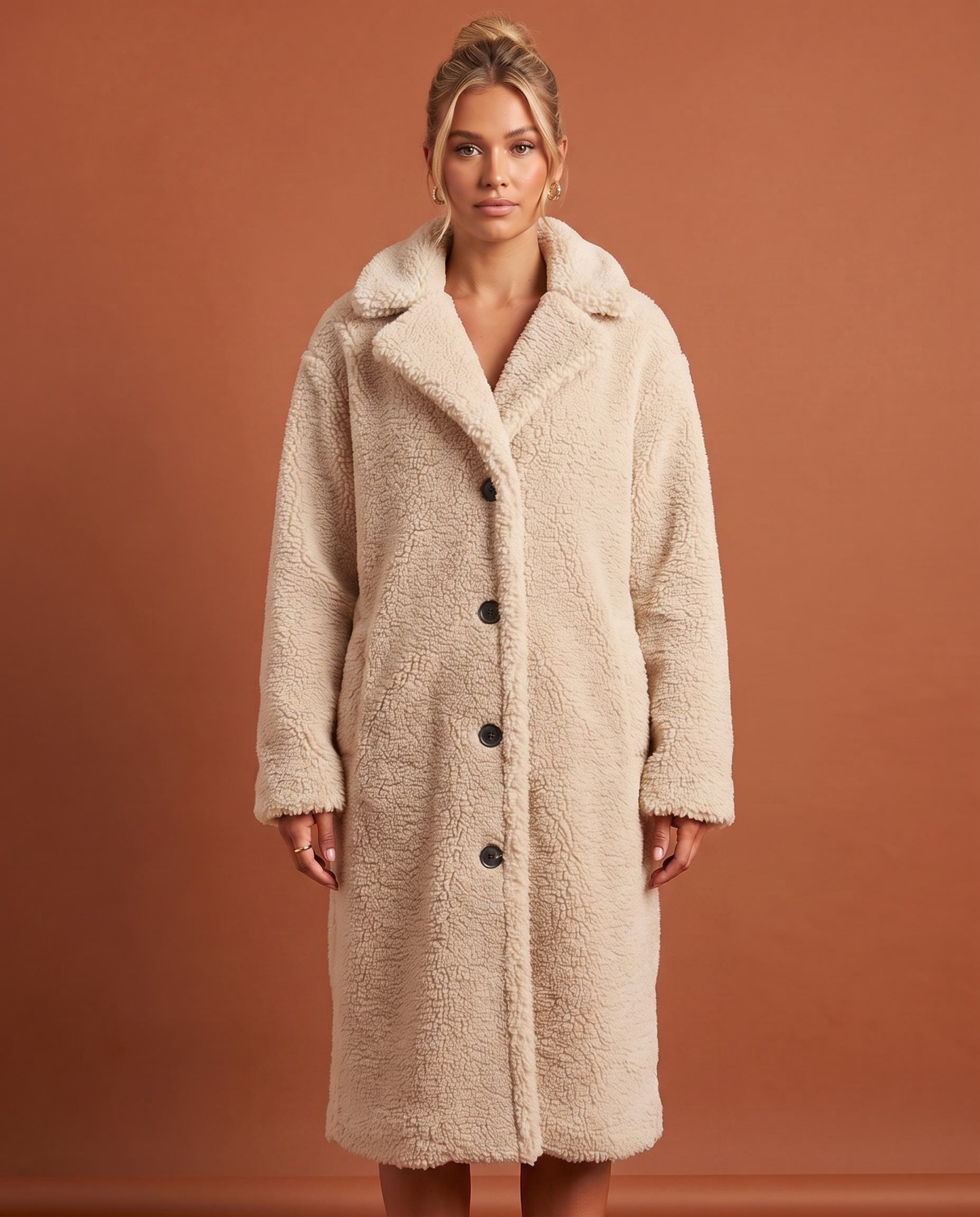 Delphine Teddy Coat for Women - Longline Notched Collar Fleece - Cream | Auburn Row