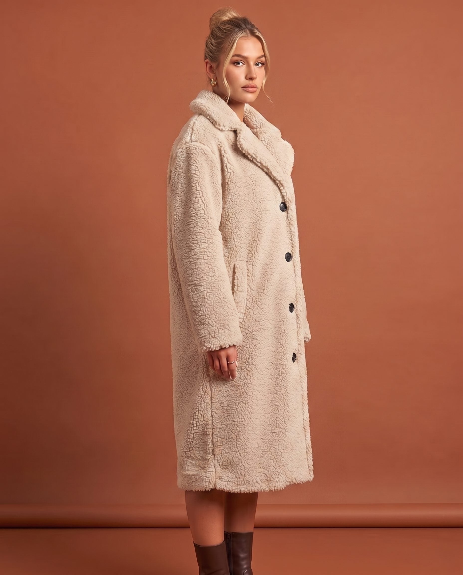 Delphine Teddy Coat for Women - Longline Notched Collar Fleece - Cream | Auburn Row