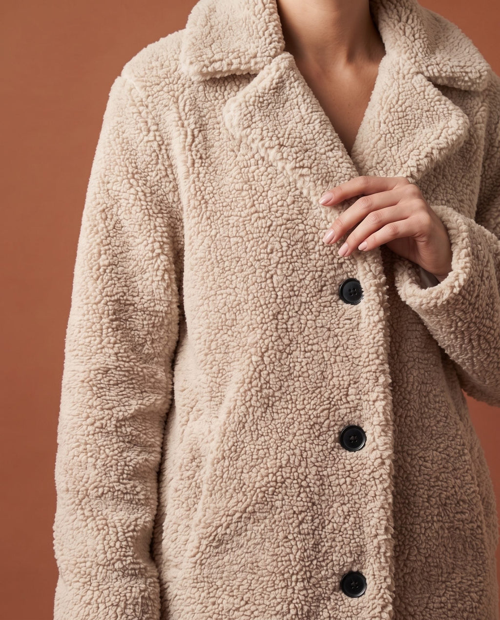 Delphine Teddy Coat for Women - Longline Notched Collar Fleece - Cream | Auburn Row