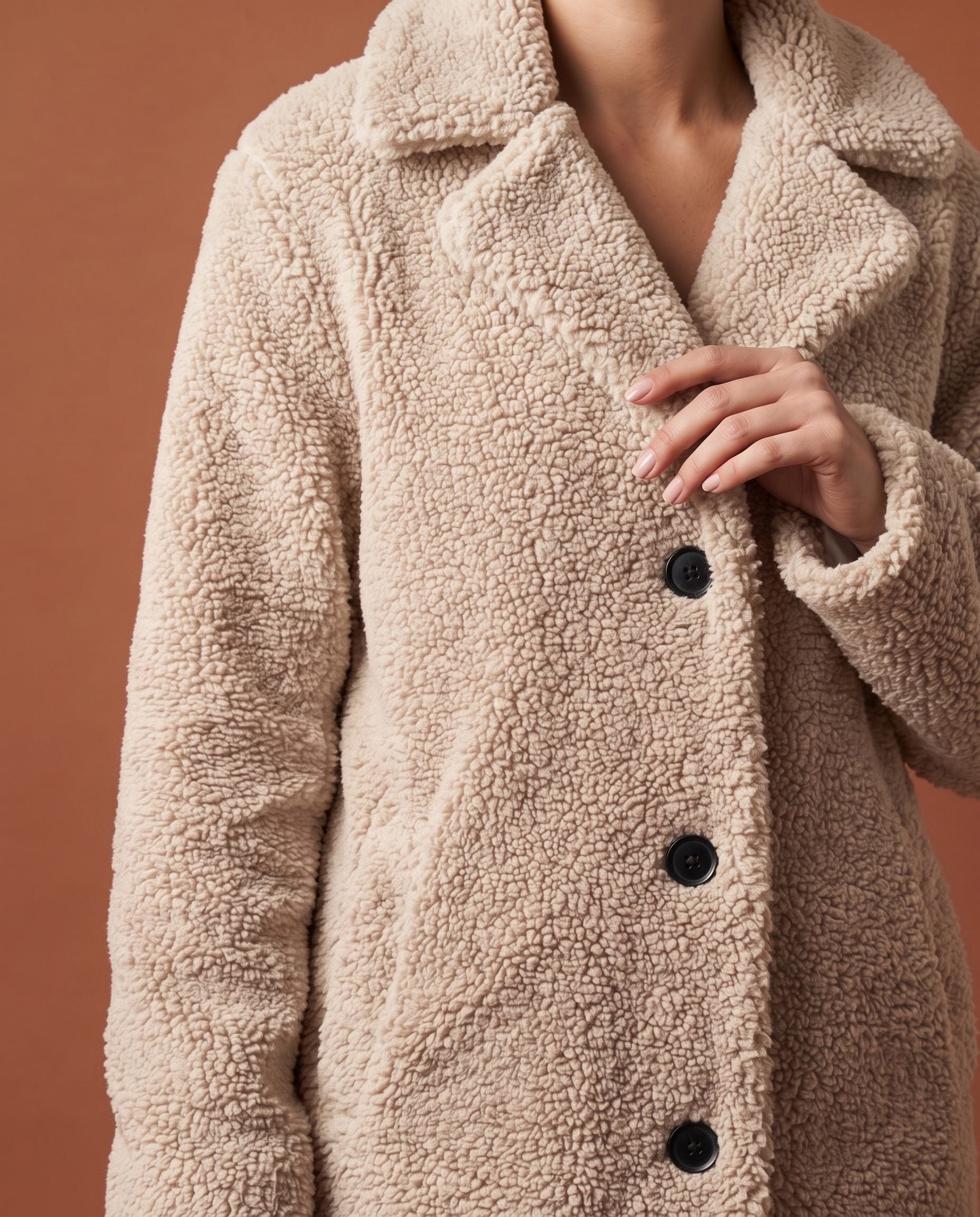 Delphine Teddy Coat for Women - Longline Notched Collar Fleece - Cream | Auburn Row