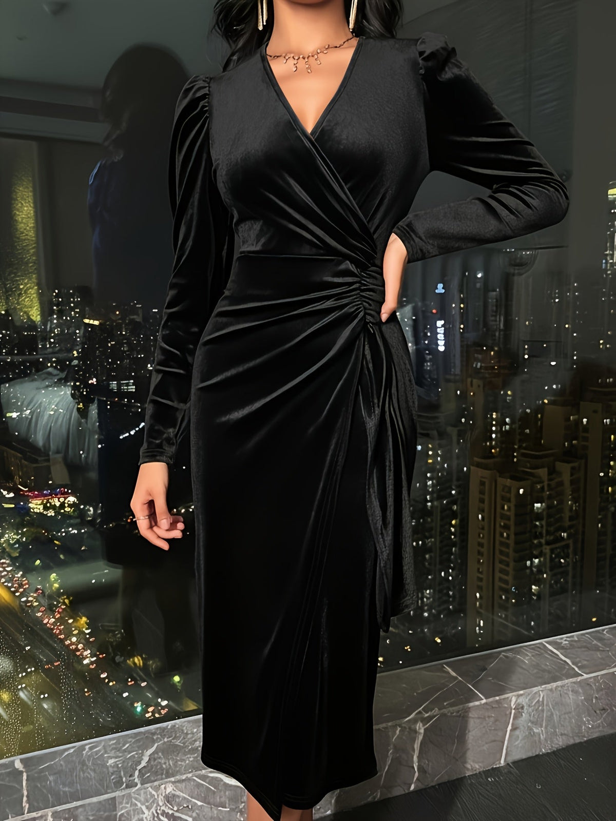 Ruched wrap-front velvet midi dress with long puff-shoulder sleeves - view 2