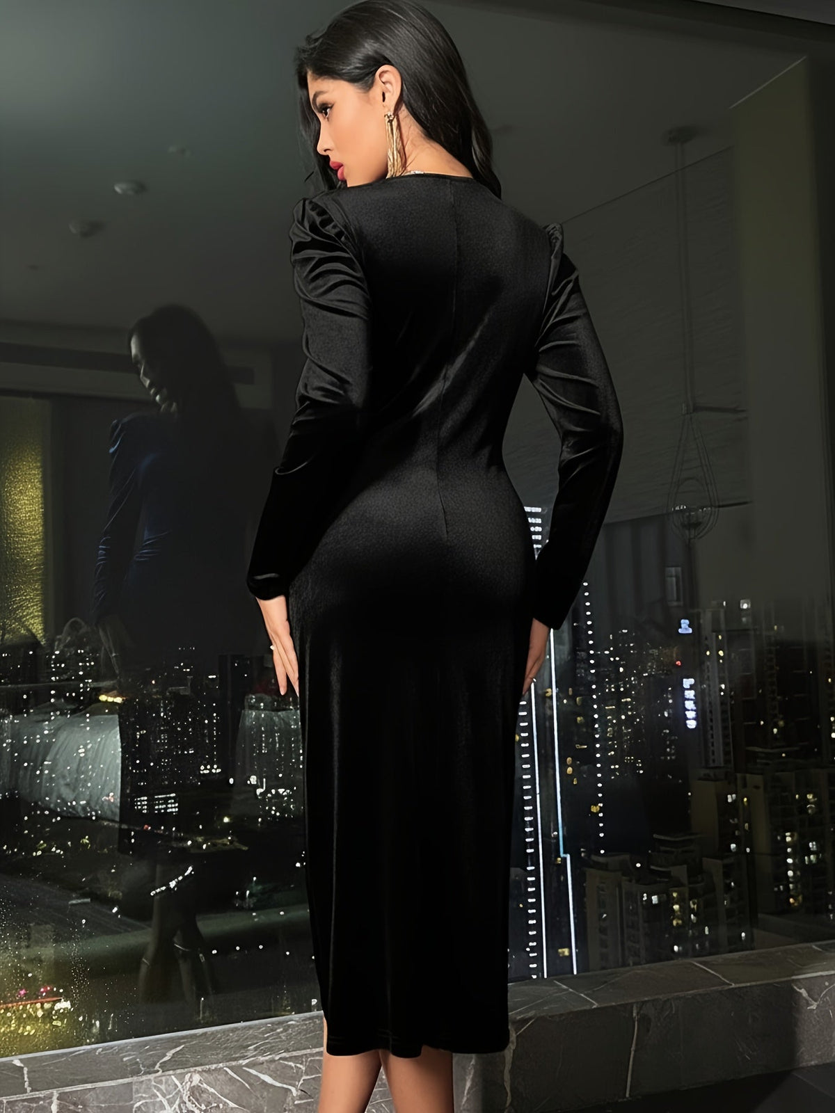 Ruched wrap-front velvet midi dress with long puff-shoulder sleeves - view 4