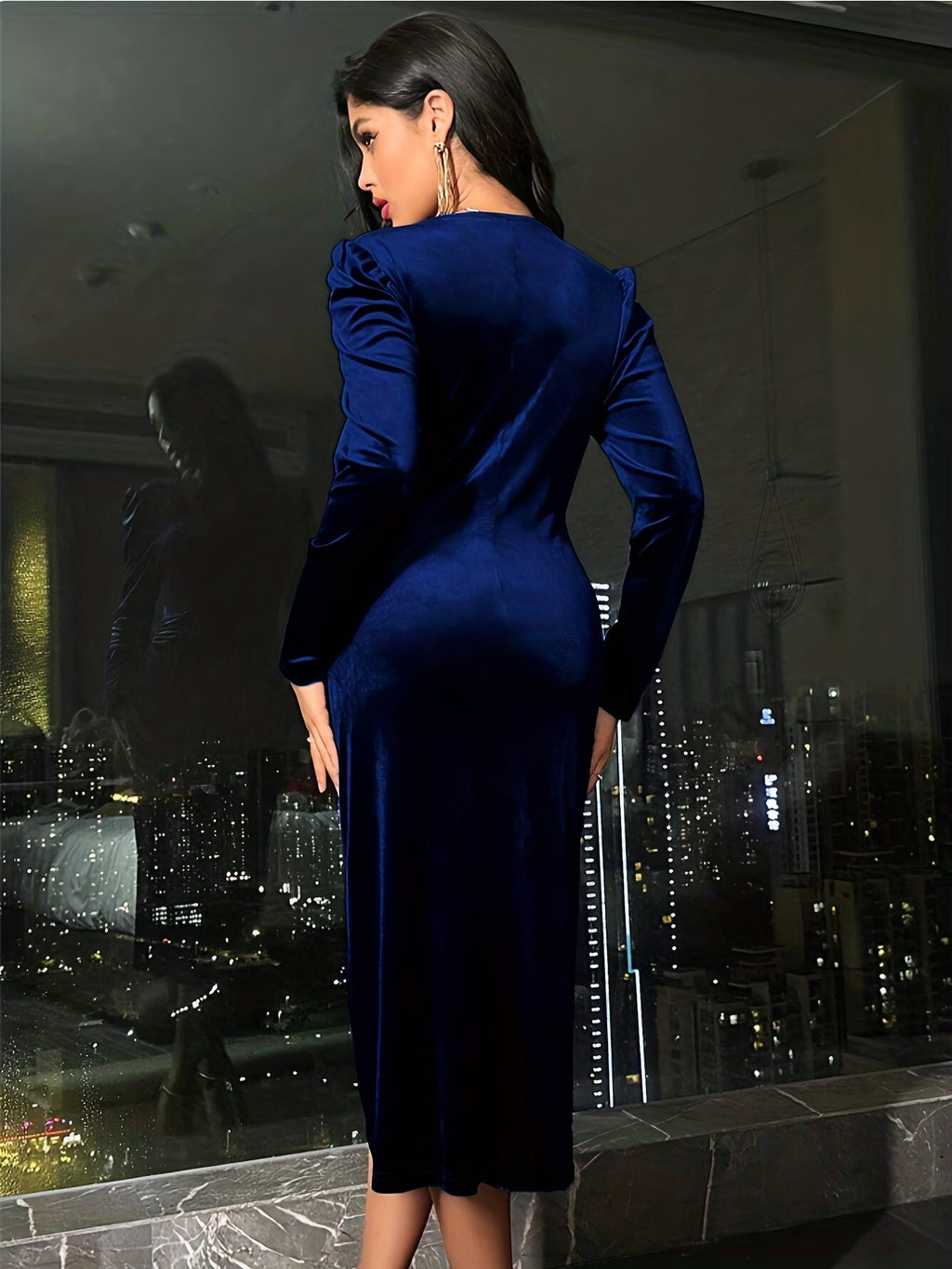 Ruched wrap-front velvet midi dress with long puff-shoulder sleeves - view 5