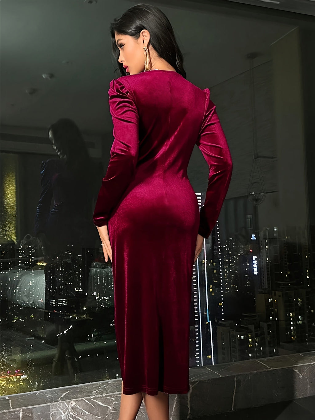 Ruched wrap-front velvet midi dress with long puff-shoulder sleeves - view 6