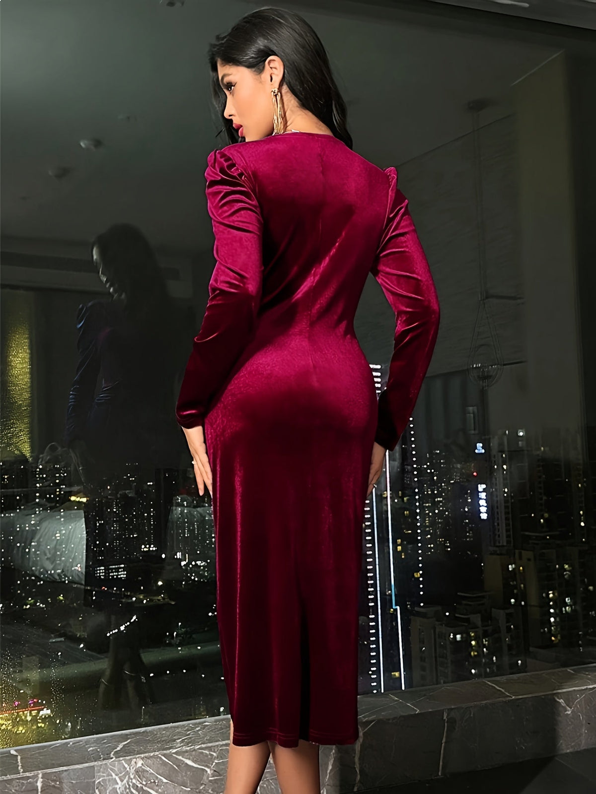 Ruched wrap-front velvet midi dress with long puff-shoulder sleeves - view 6
