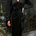Ruched wrap-front velvet midi dress with long puff-shoulder sleeves - view 9