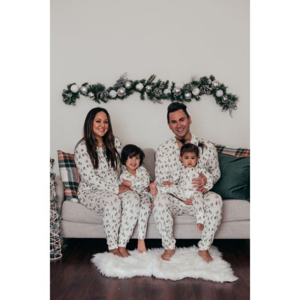 Matching family Christmas pyjamas with green watercolour tree print on white - view 10