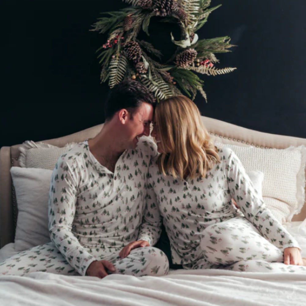 Matching family Christmas pyjamas with green watercolour tree print on white - view 11