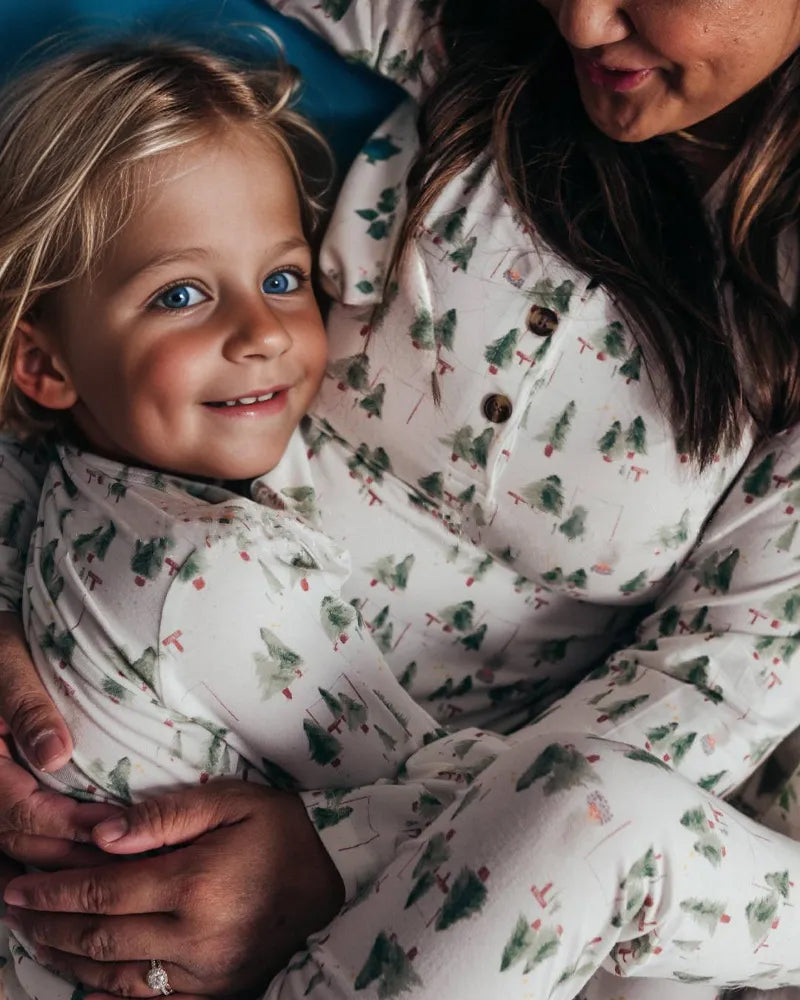 Matching family Christmas pyjamas with green watercolour tree print on white - view 2