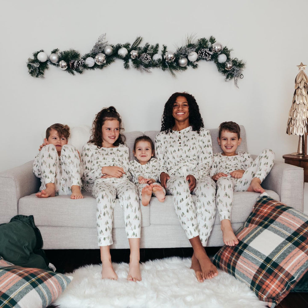 Matching family Christmas pyjamas with green watercolour tree print on white - view 3