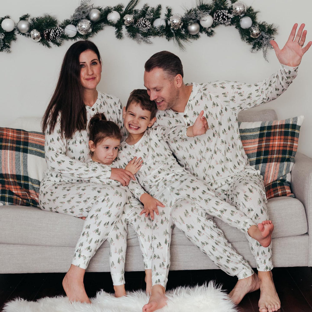 Matching family Christmas pyjamas with green watercolour tree print on white - view 5
